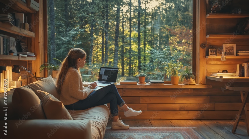 Obraz premium Natural Light Serene Cabin Remote Work Modern Style Rustic Serene Ambiance
