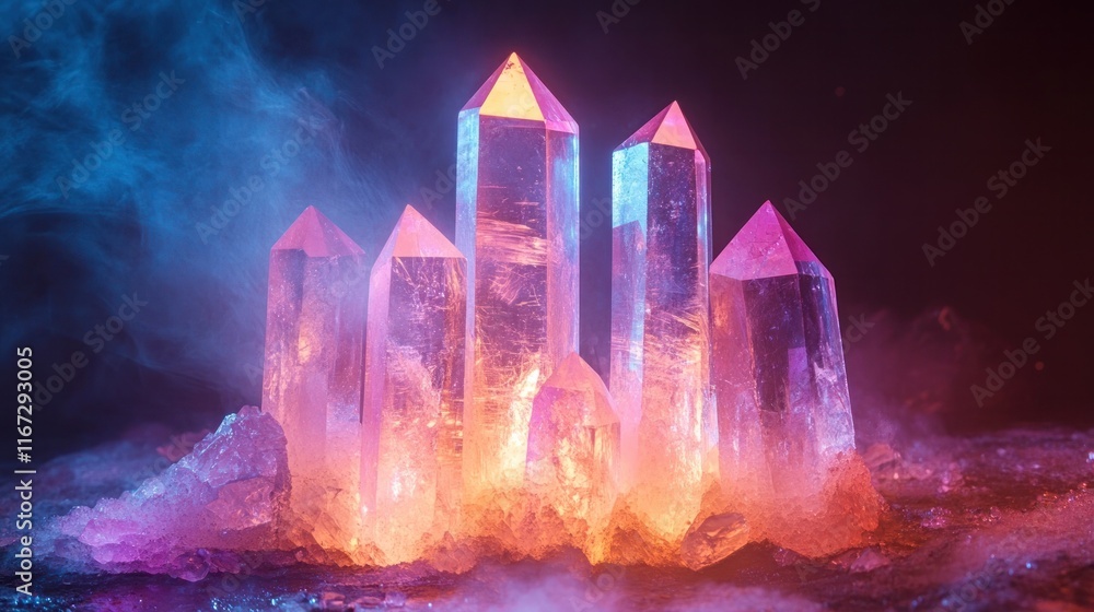 Fototapeta premium Captivating image of a magical glowing geode crystal formation within a mysterious and atmospheric cave landscape The vibrant iridescent crystals emanate a mesmerizing otherworldly light