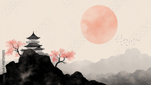 illustration of japanese mountain landscape background, mount fuji japan vector style background for wall art print decor poster design 