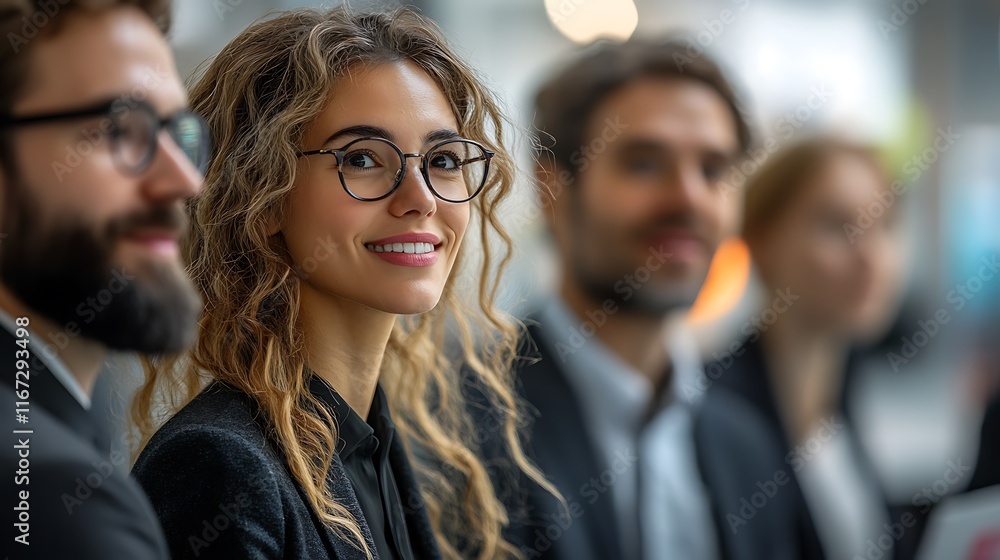 Young Woman Smiles Confidently Among Colleagues Young Woman Smiles Confidently Among Colleagues