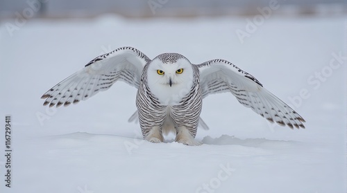 Snowy Owl In Flight Over Snow