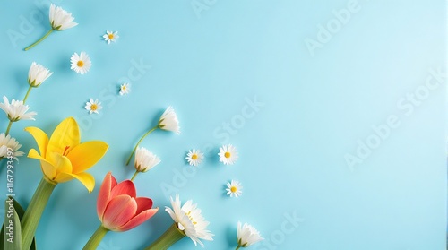 Spring Flowers on Blue Background