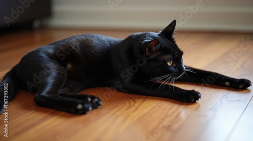 Black Cat Relaxing on Wooden Floor