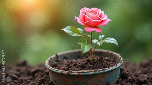 Pink Rose Blooming in Pot
