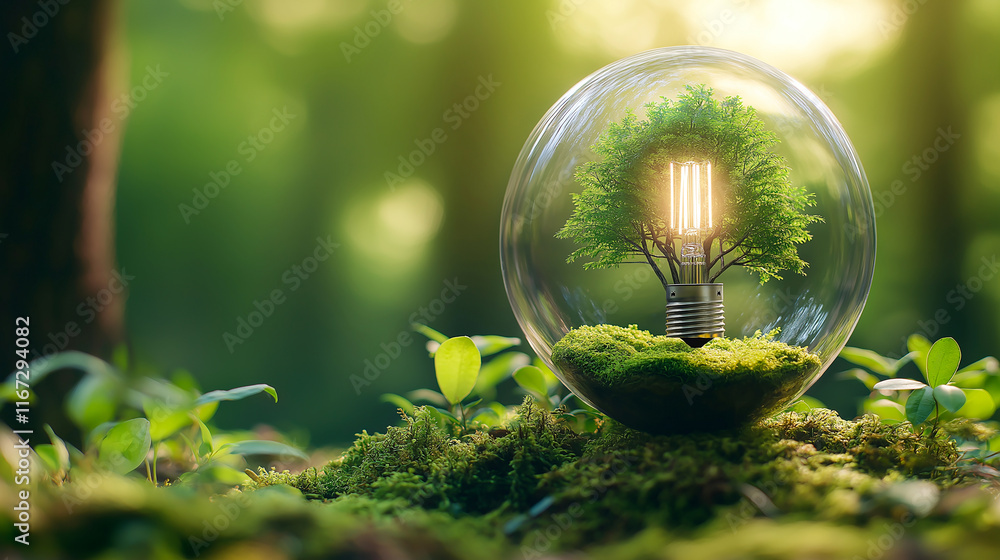 light bulb encased in glass sphere features lush green tree inside, symbolizing sustainability and nature. scene is set in vibrant forest, evoking sense of harmony light bulb encased in glass sphere features lush green tree inside, symbolizing sustainability and nature. scene is set in vibrant forest, evoking sense of harmony