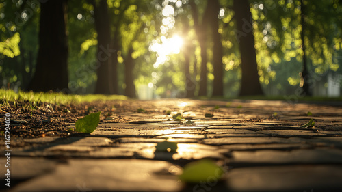 This image features a sleek wooden table top with a vibrant green blur of trees in the background, suggesting nature's touch 