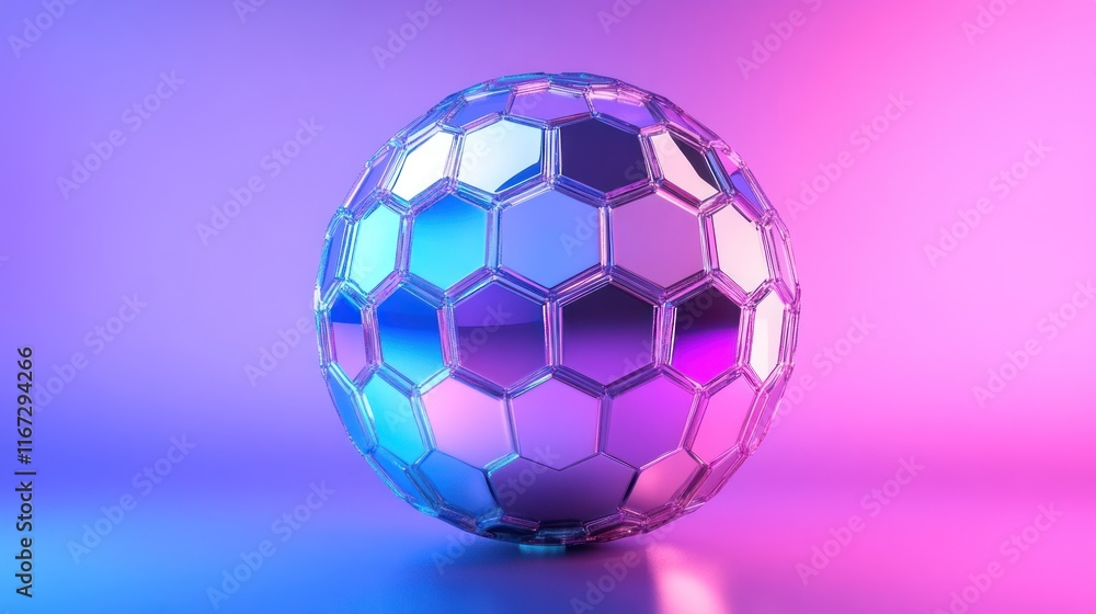 Naklejka premium Chrome sphere with hexagonal facets, illuminated by vibrant pink and blue neon lights.