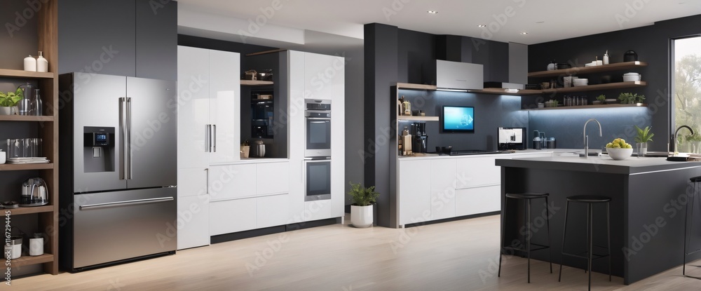 Showcase the power of the Internet of Things with a visually stunning image of a smart home filled with various connected devices and appliances AI, such as smart refrigerators, coffee makers Showcase the power of the Internet of Things with a visually stunning image of a smart home filled with various connected devices and appliances AI, such as smart refrigerators, coffee makers