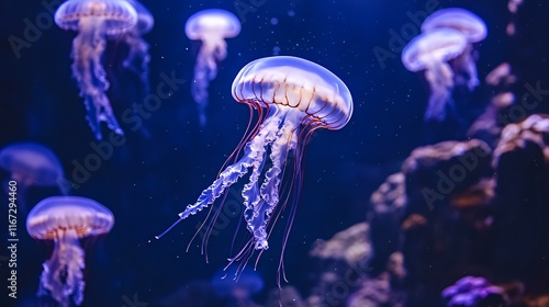 Graceful Jellyfish Swim in Deep Blue Ocean Waters