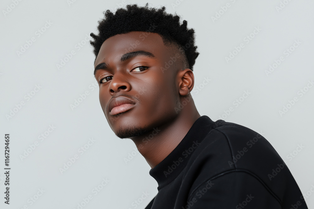 Confident African American young man in casual attire looking away Confident African American young man in casual attire looking away