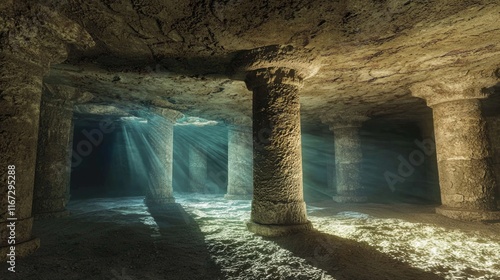 Wallpaper Mural Mystical Underwater Cave with Atlantean Artifacts and Sunbeams of Light | Photorealistic Deep Sea Scenery with Ancient Relics and Enchantment Torontodigital.ca