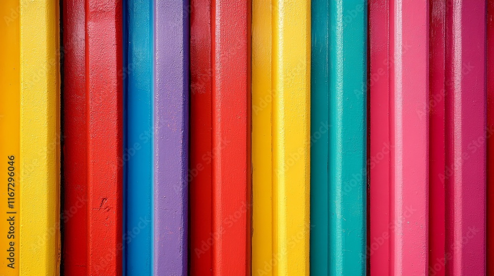 A vibrant arrangement of painted wooden planks in various colors. A vibrant arrangement of painted wooden planks in various colors.