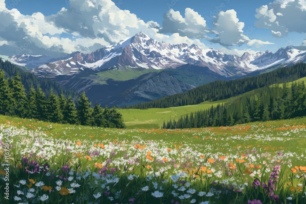 Naklejka premium Colorful wildflowers in full bloom on the grassy slopes of Rocky Mountains, with snow-capped peaks and forested hills under cloudy sky. enchants this picturesque scene with its vibrant colors