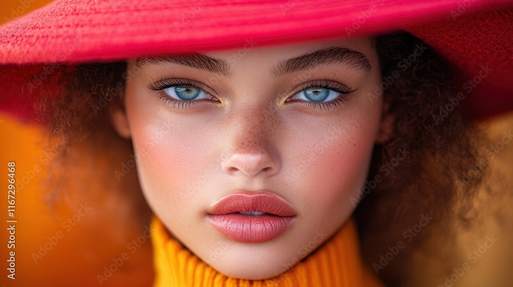Striking portrait of model with red hat and vibrant fashion style Striking portrait of model with red hat and vibrant fashion style