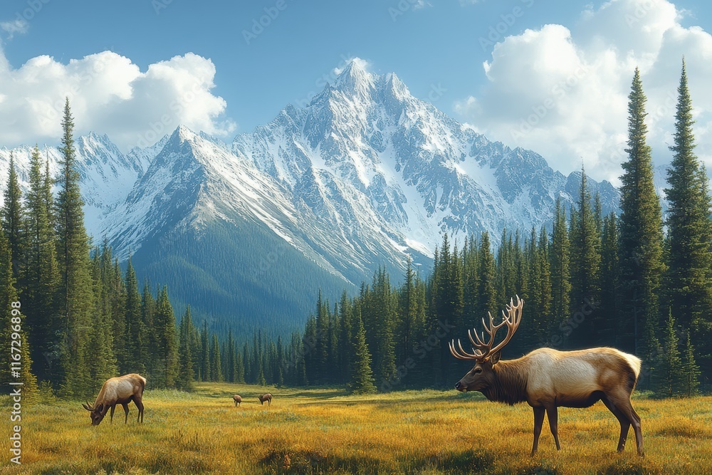 Naklejka premium Herd of deer are grazing in a field in front of a mountain range