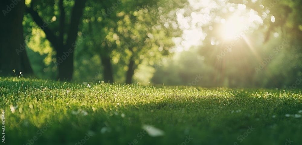 Green grass in a park with large trees in the background, on a sunny summer day. providing copy space for text. This image is the winner of a stock photo contest, depicting a peaceful landscape Green grass in a park with large trees in the background, on a sunny summer day. providing copy space for text. This image is the winner of a stock photo contest, depicting a peaceful landscape