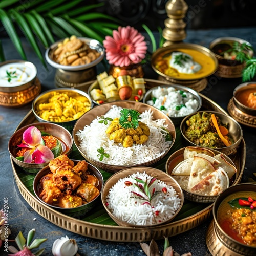 Kosha Kushi With Holy Water. Puja bhog thali with full of traditional bengali dishes for Indian Hindu puja or pooja's like saraswati, durga, lakshmi puja. photo