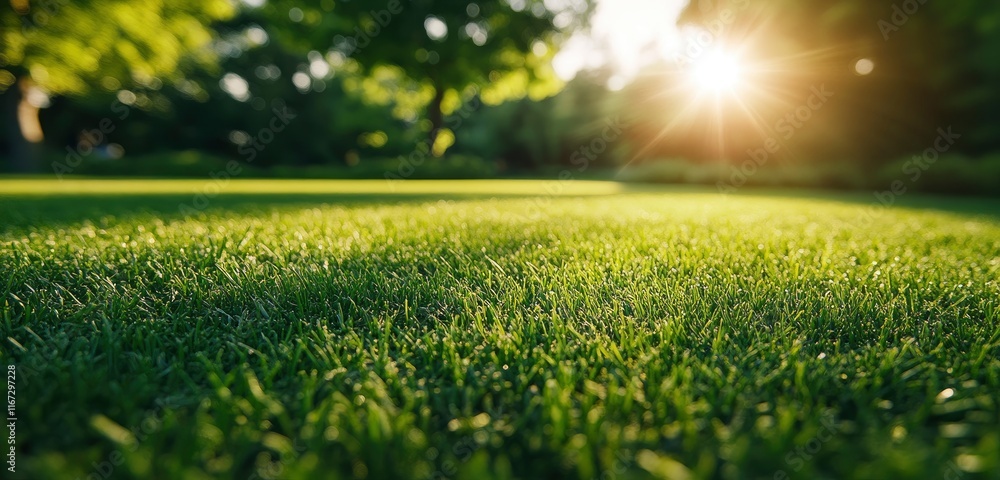 Green grass in a park with large trees in the background, on a sunny summer day. providing copy space for text. This image is the winner of a stock photo contest, depicting a peaceful landscape Green grass in a park with large trees in the background, on a sunny summer day. providing copy space for text. This image is the winner of a stock photo contest, depicting a peaceful landscape