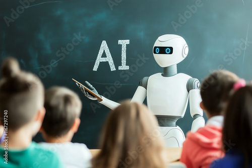 robot teaching students about AI in classroom setting, engaging and informative. scene captures future of education with technology