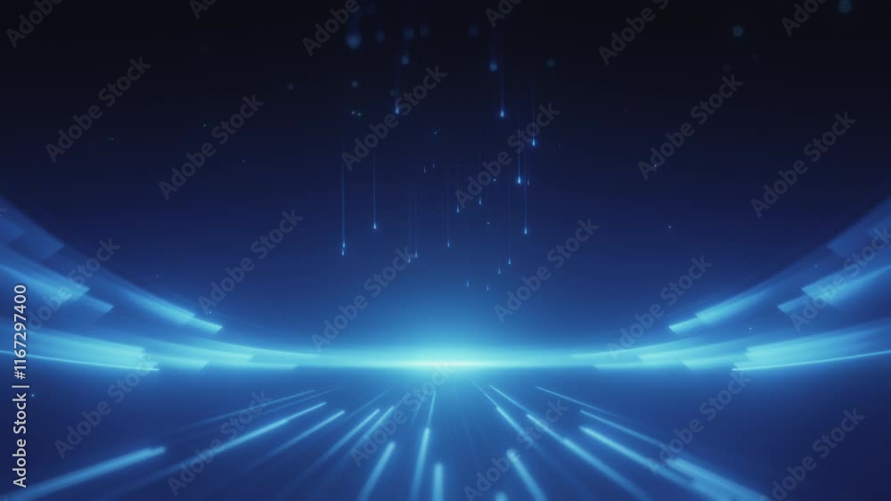 Futuristic abstract blue background featuring glowing light streaks and falling particles, symbolizing innovation, speed, and digital technology.