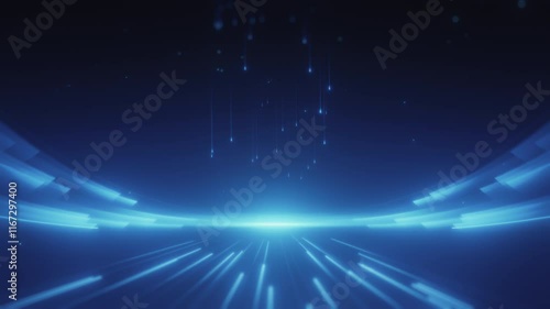 Futuristic abstract blue background featuring glowing light streaks and falling particles, symbolizing innovation, speed, and digital technology.