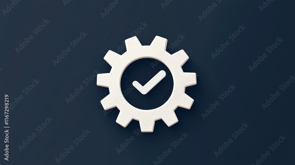 Obraz premium A gear icon with a checkmark represents completion, approval, or functionality in a sleek, modern design on a dark background.