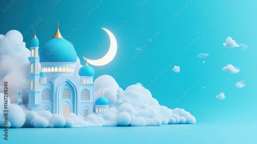 Fototapeta premium Serene Mosque on Clouds Under Crescent Moon: A 3D Rendered Islamic Artwork