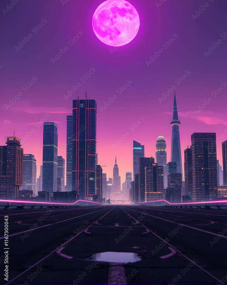 Fototapeta premium digital illustration of a futuristic cityscape at night. The sky is in shades of pink and purple, with a large pink moon in the center. The city is made of tall skyscrapers