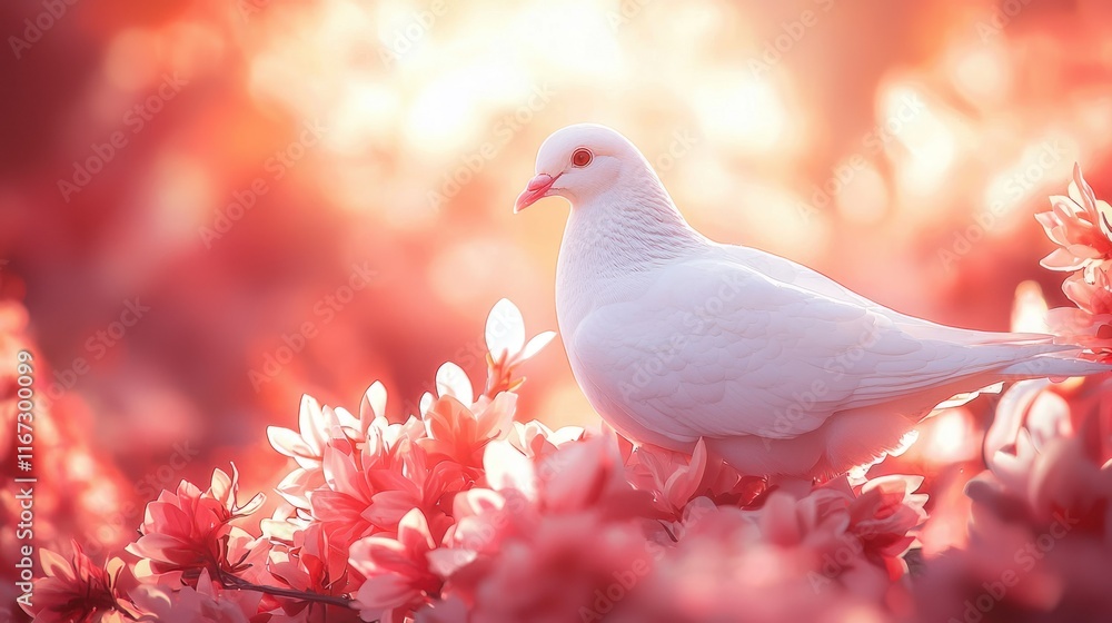 White dove on pink blossoms at sunrise in a garden. White dove on pink blossoms at sunrise in a garden.
