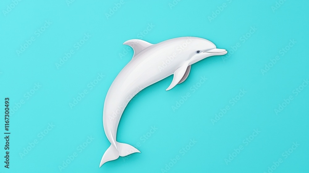 Fototapeta premium A sleek, white dolphin gracefully leaps against a vibrant turquoise background, showcasing its streamlined form and playful nature.