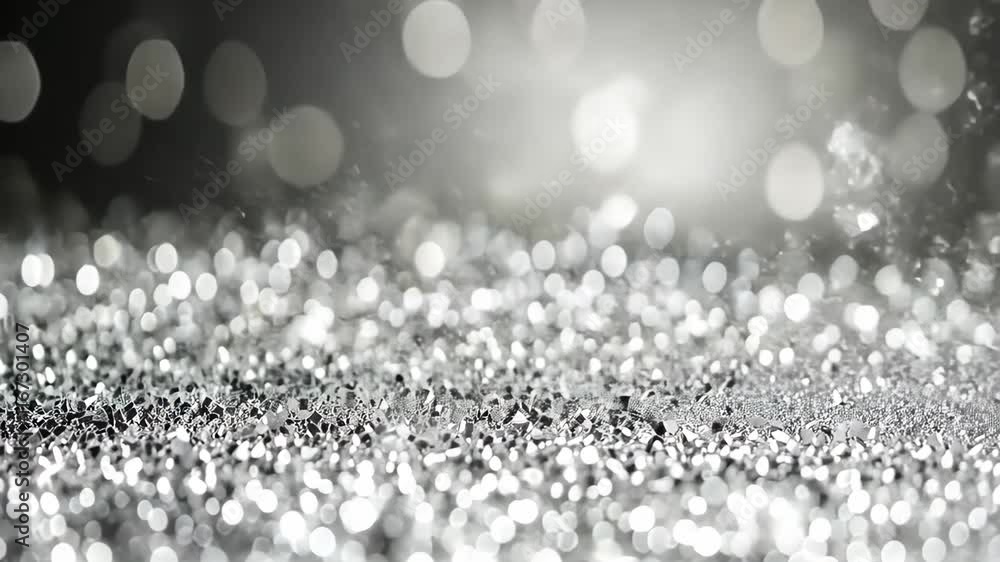 Sparkling silver glitter creating a shimmering background with blurred bokeh effects in soft lighting Sparkling silver glitter creating a shimmering background with blurred bokeh effects in soft lighting