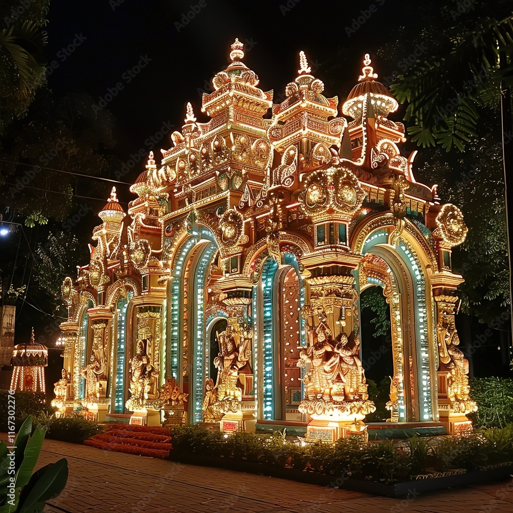 Obraz premium Well decorated outside look of a Durga puja pandal(temporary temple made for durga puja festival) in Kolkata.