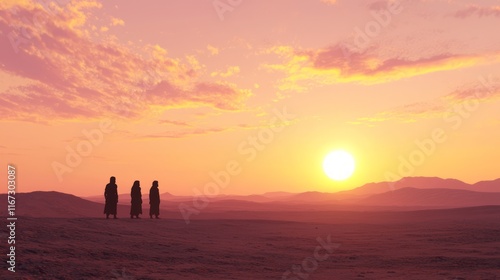 Ancient Horizon: Stone Age Humans Silhouetted by Dramatic Desert Sunset