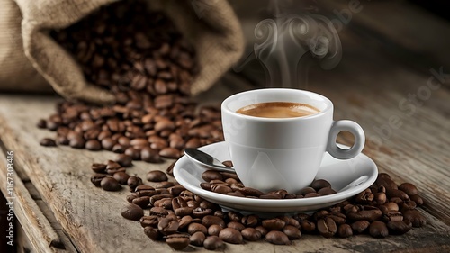 Cup of espresso coffee and beans on wooden background, Close-up.