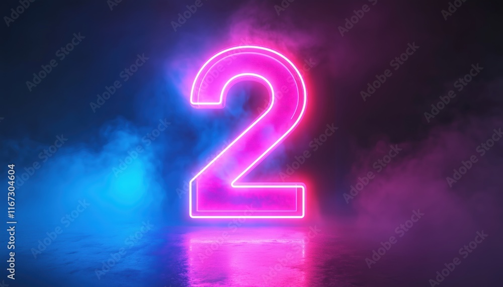 Pink Blue Gradient Neon Light Glowing In The Dark: Digitally Rendered Symbol Number Two Shining Vibrantly In The Dark Pink Blue Gradient Neon Light Glowing In The Dark: Digitally Rendered Symbol Number Two Shining Vibrantly In The Dark