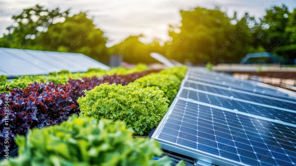 Fototapeta premium Sustainable Rooftop Farming with Solar Panels: A Glimpse into Eco-Friendly Agriculture