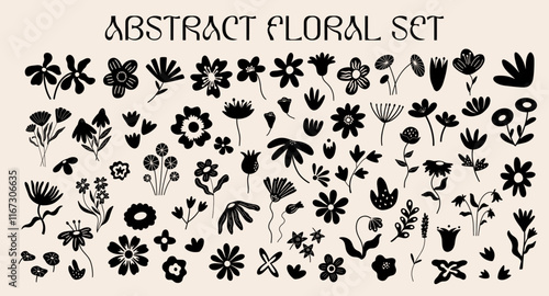 Abstract plants cutouts shapes and forms design elements set. Simple floral vector illustration collection, different types of summer or spring exotic leaves and flowers decorative stickers 