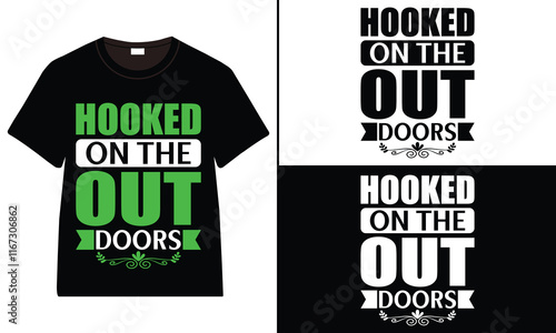 Hooked on the Outdoors t-shirt design, Fishing typography t-shirt design, vintage t-shirt design, retro Fishing t-shirt design photo