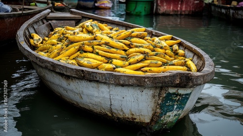 A wooden boat filled with ripe bananas floating on water. photo