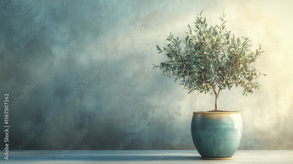A small olive tree in a handcrafted ceramic pot, vibrant teal and gold hues replacing the original natural colors, placed on a minimalist concrete surface with a clean A small olive tree in a handcrafted ceramic pot, vibrant teal and gold hues replacing the original natural colors, placed on a minimalist concrete surface with a clean