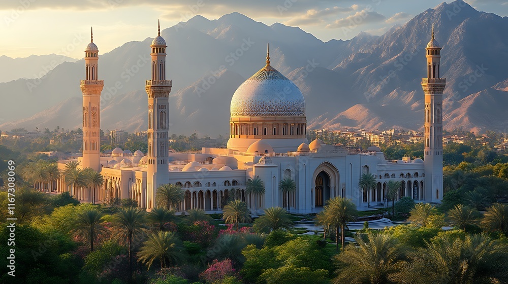 Naklejka premium Majestic mosque at sunset, mountains backdrop.