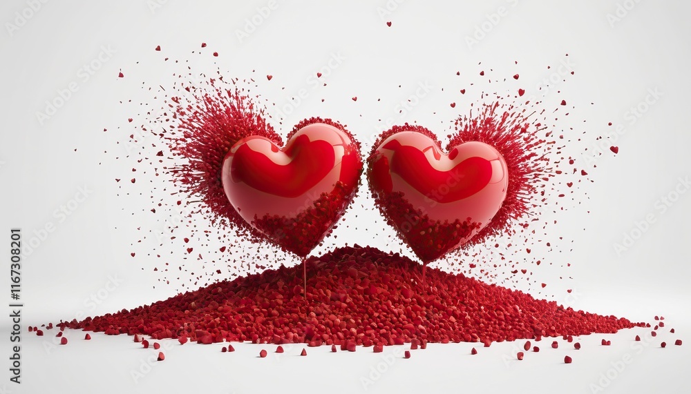 Two red heart shapes rise above a pile of vibrant red particles on a white background
Two red heart shapes rise above a pile of vibrant red particles on a white background