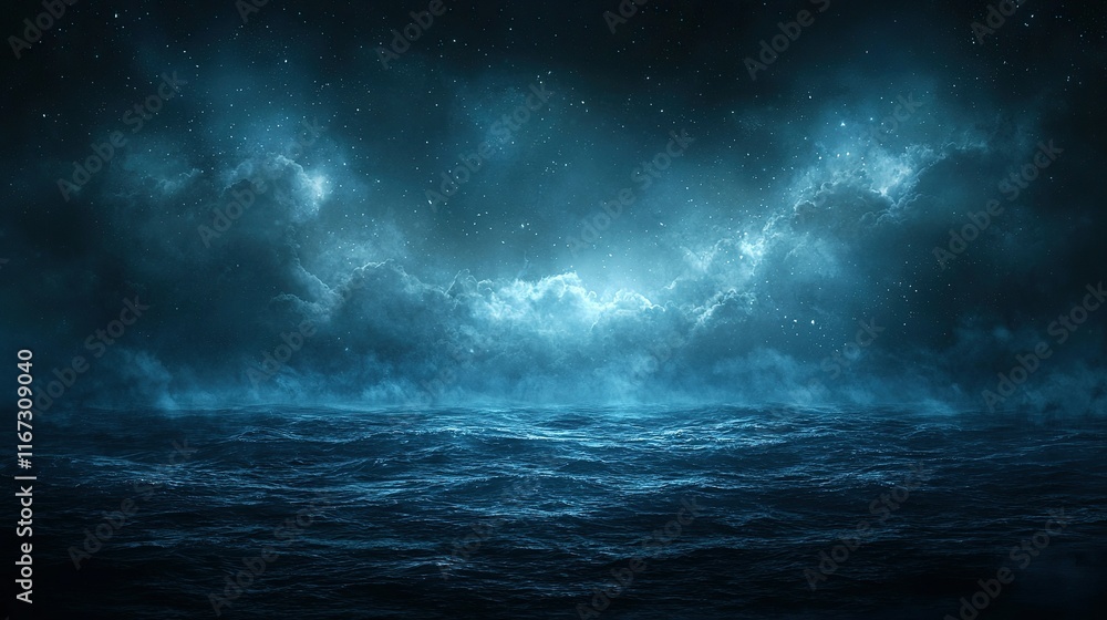 Dark ocean waves under cloudy night sky with bright moonlight, background/backdrop. Dark ocean waves under cloudy night sky with bright moonlight, background/backdrop.