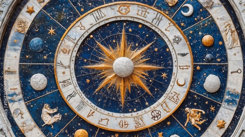 Zodiac Signs in Horoscope Circle with Stars and Moons, Astrology and Horoscopes Concept.