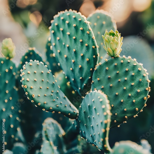 Green Cactus Plant With A Bud Blooming photo