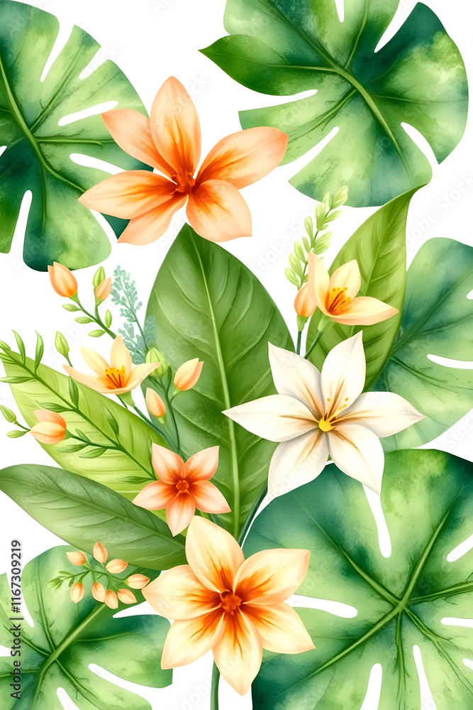 Obraz premium A vibrant floral arrangement featuring pink and white hibiscus flowers with lush green leaves on a white background. Greeting or wedding card decoration.