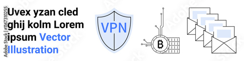 Cyber security theme with a shield labeled VPN, Bitcoin network symbol, and encrypted email icons. Ideal for online security, crypto transactions, email privacy, data protection, VPN services