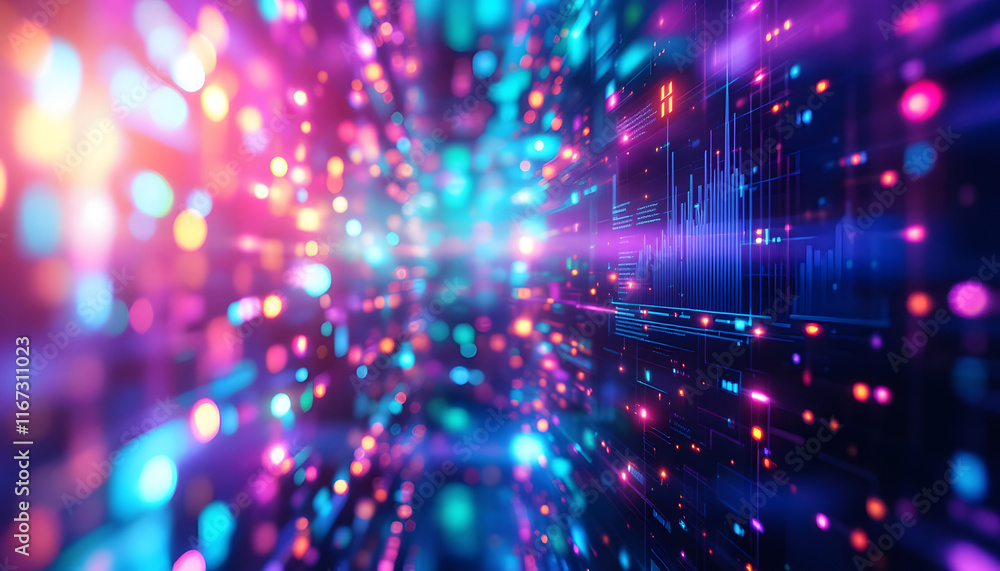 Obraz premium Abstract Data Stream, Colorful Digital Background, Futuristic Technology, Interconnected Data Network, Abstract Digital Art, Colorful Data Flow Visualization
