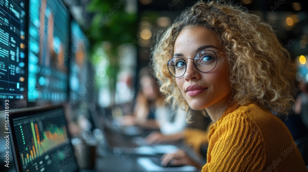 Woman in tech environment analyzing data on screens Woman in tech environment analyzing data on screens
