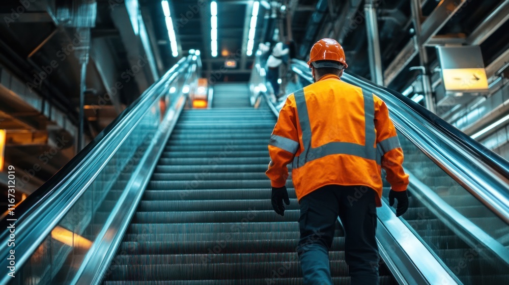 Worker Ascending Escalator in Modern Subway Station Worker Ascending Escalator in Modern Subway Station